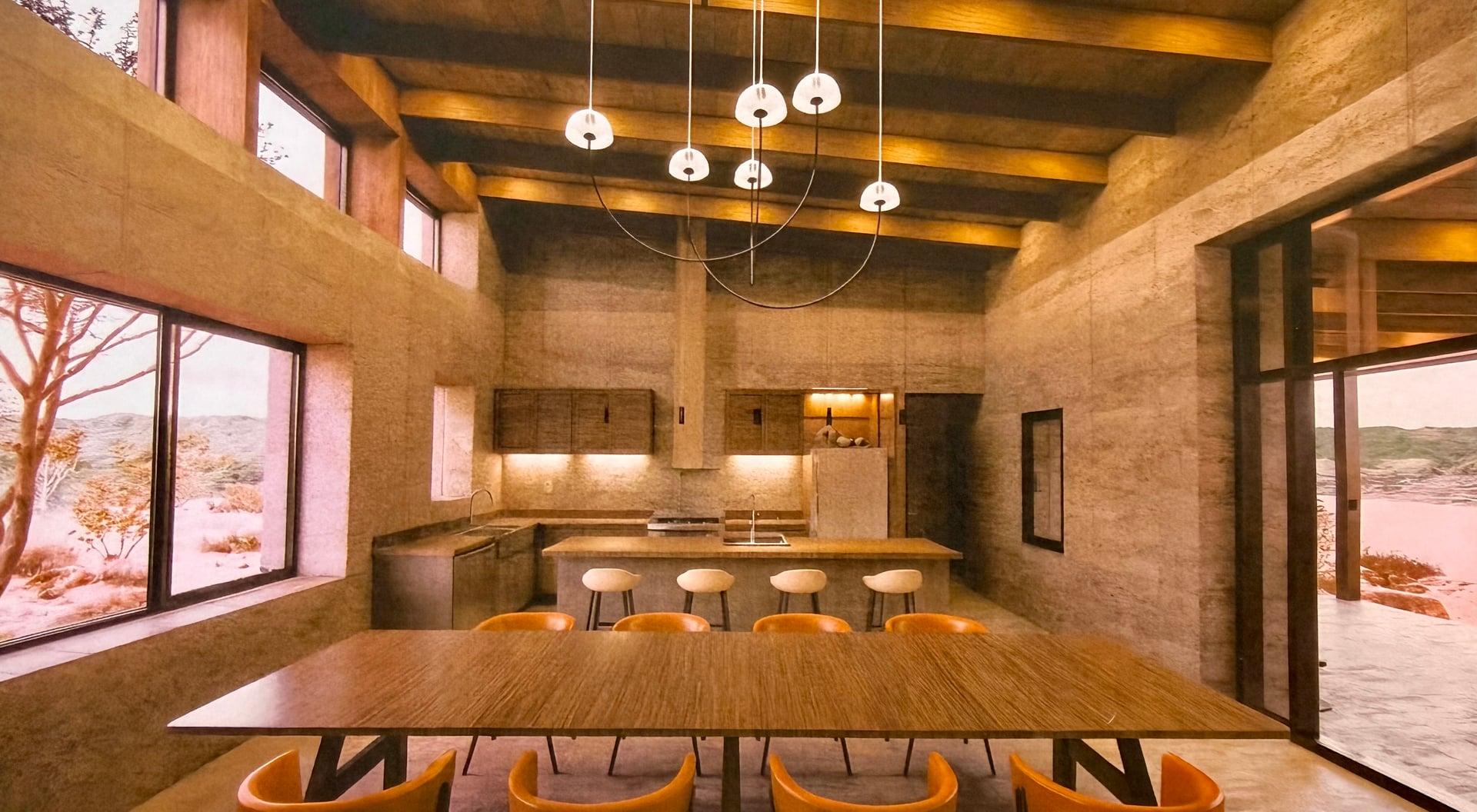 Interior design rendering with rammed-earth walls, wood ceiling beams, and kitchen island seating