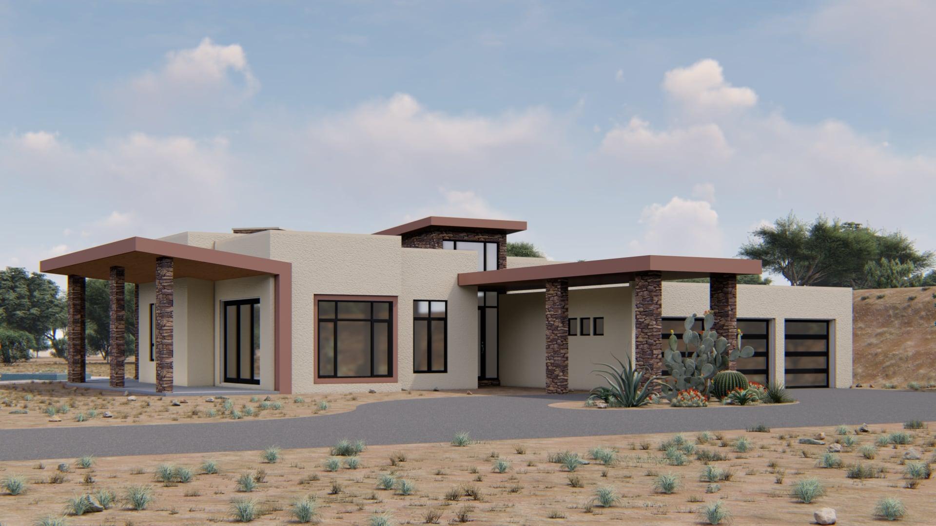 Exterior rendering of The Sanctuary House with desert landscaping and 3-car garage