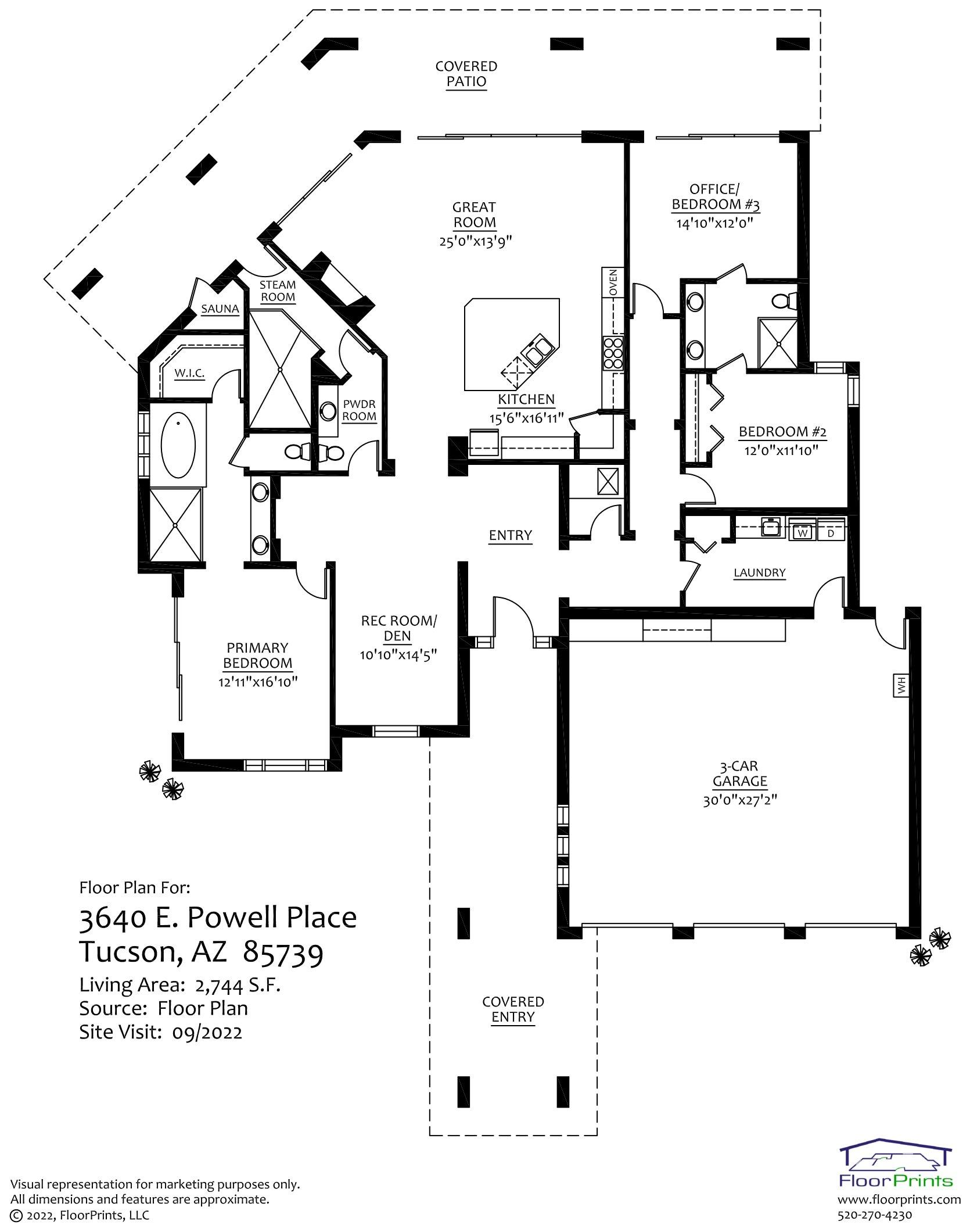 The Sanctuary House marketing floor plan: great room, primary suite, rec room/den, office, and oversized 3-car garage