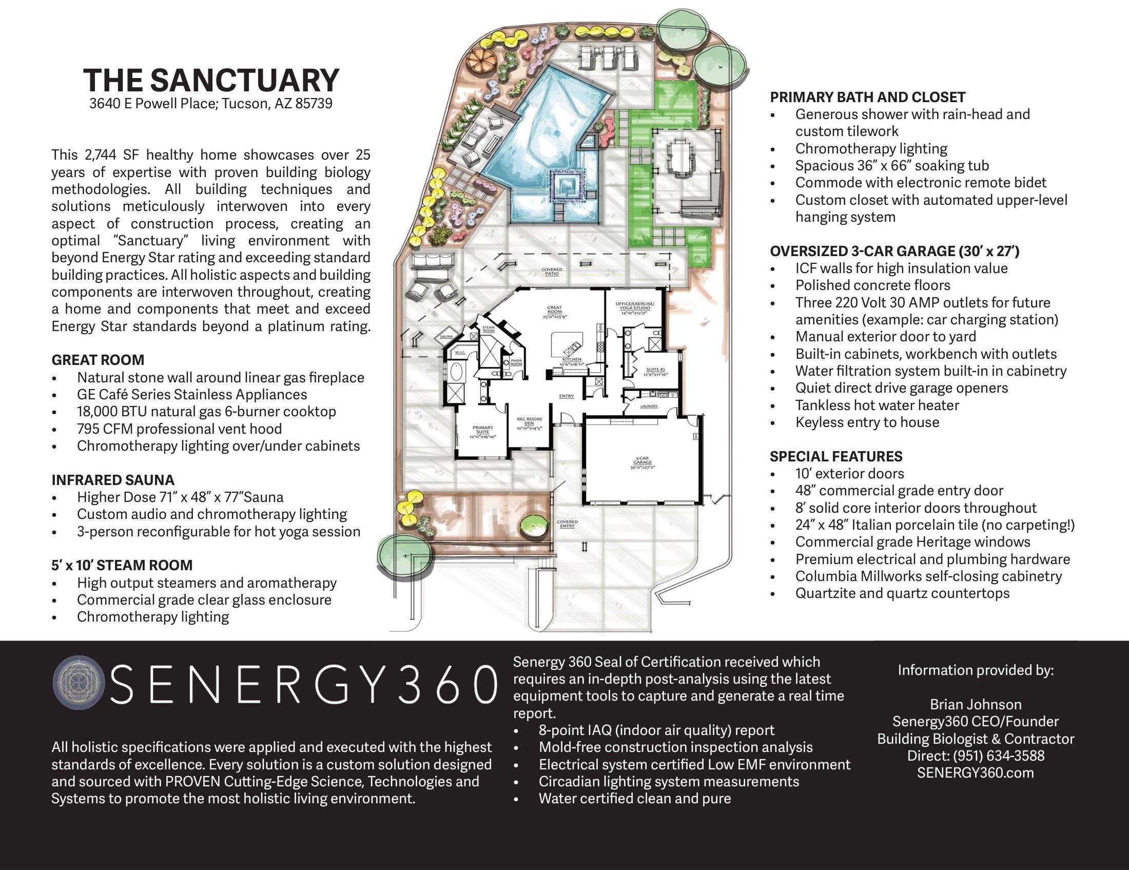 The Sanctuary flyer: colored site plan with specifications and certification summary