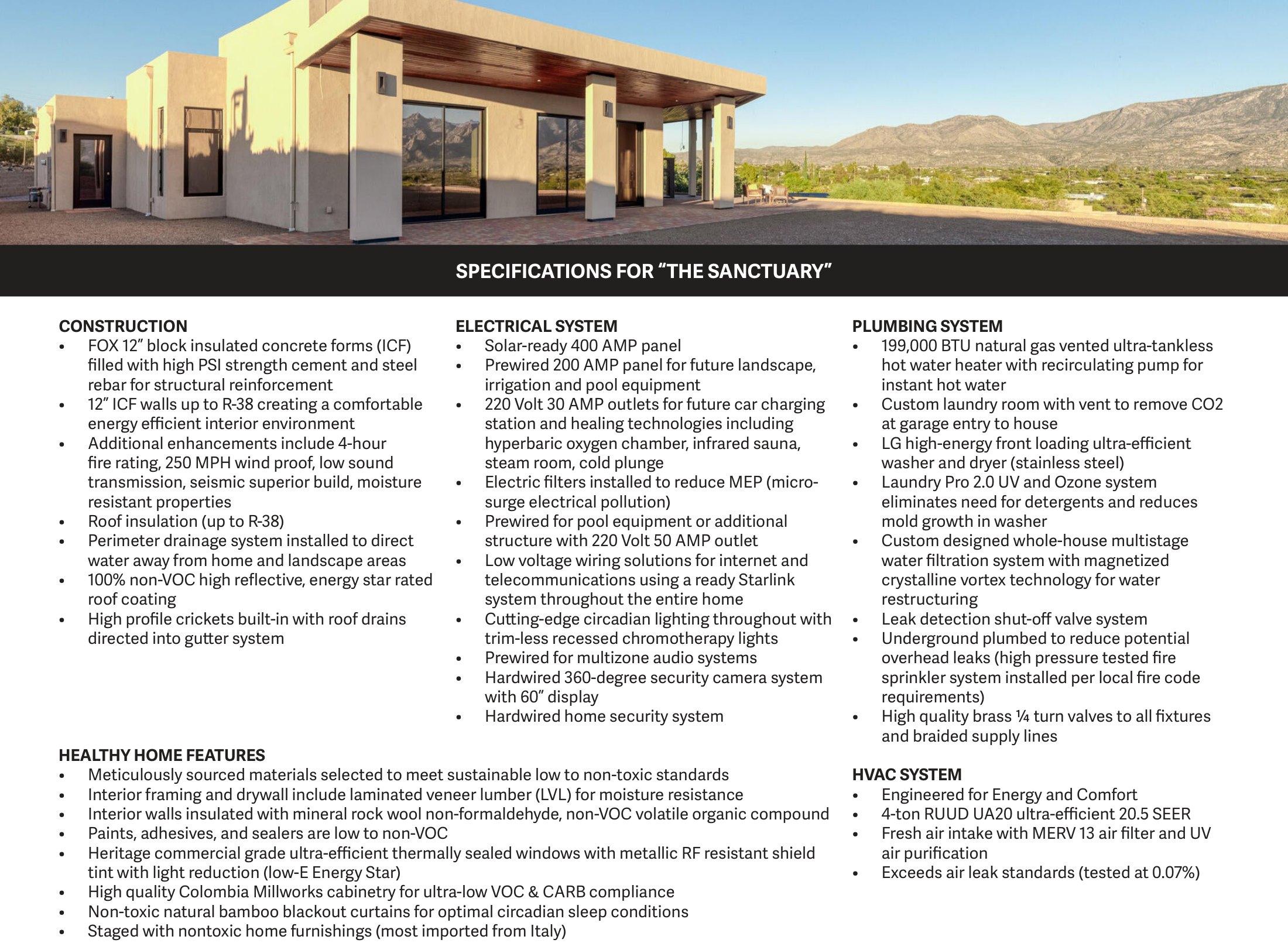 The Sanctuary flyer, page two: specifications and certification summary