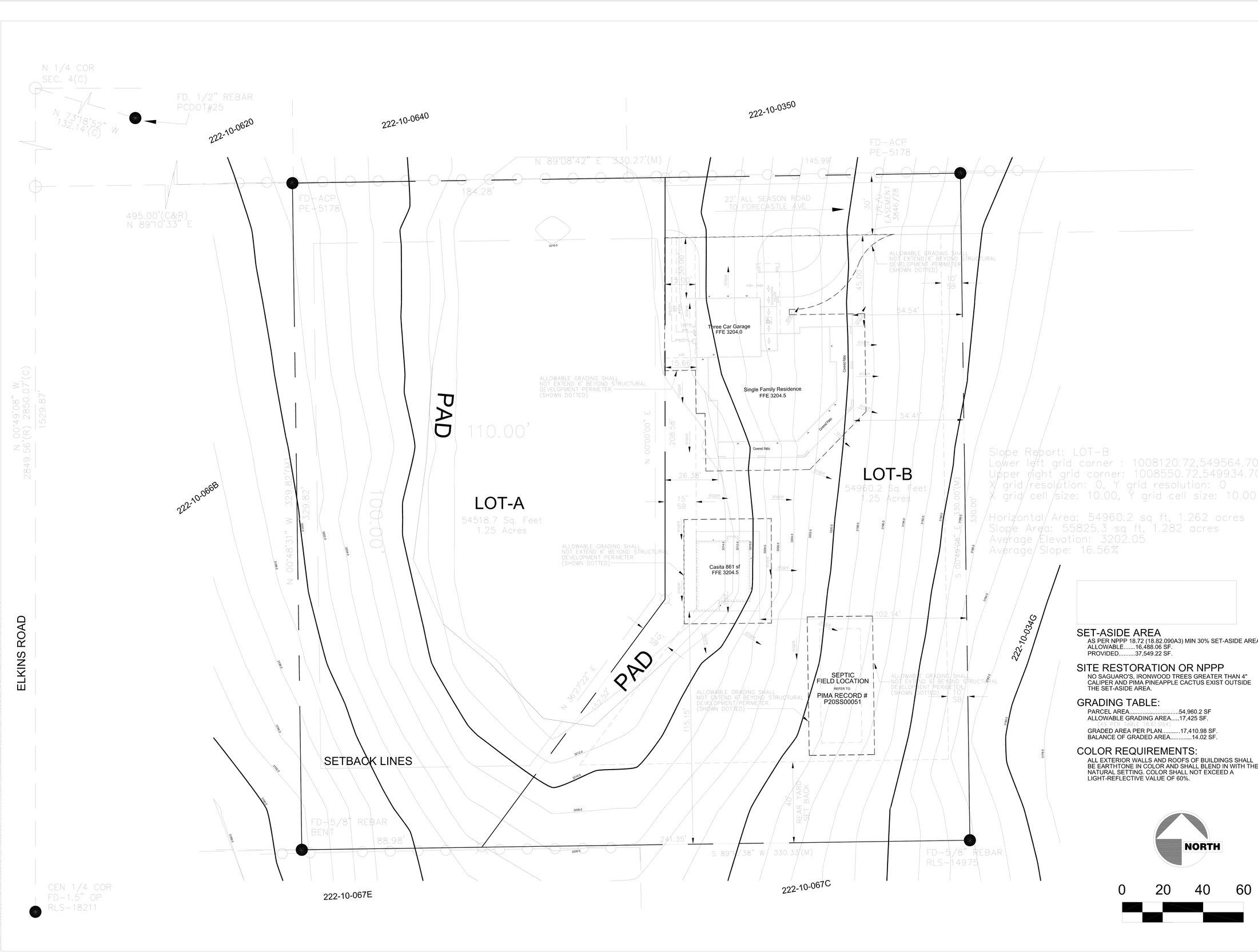 The Sanctuary House proposed site plan with building pads, setbacks, and grading table