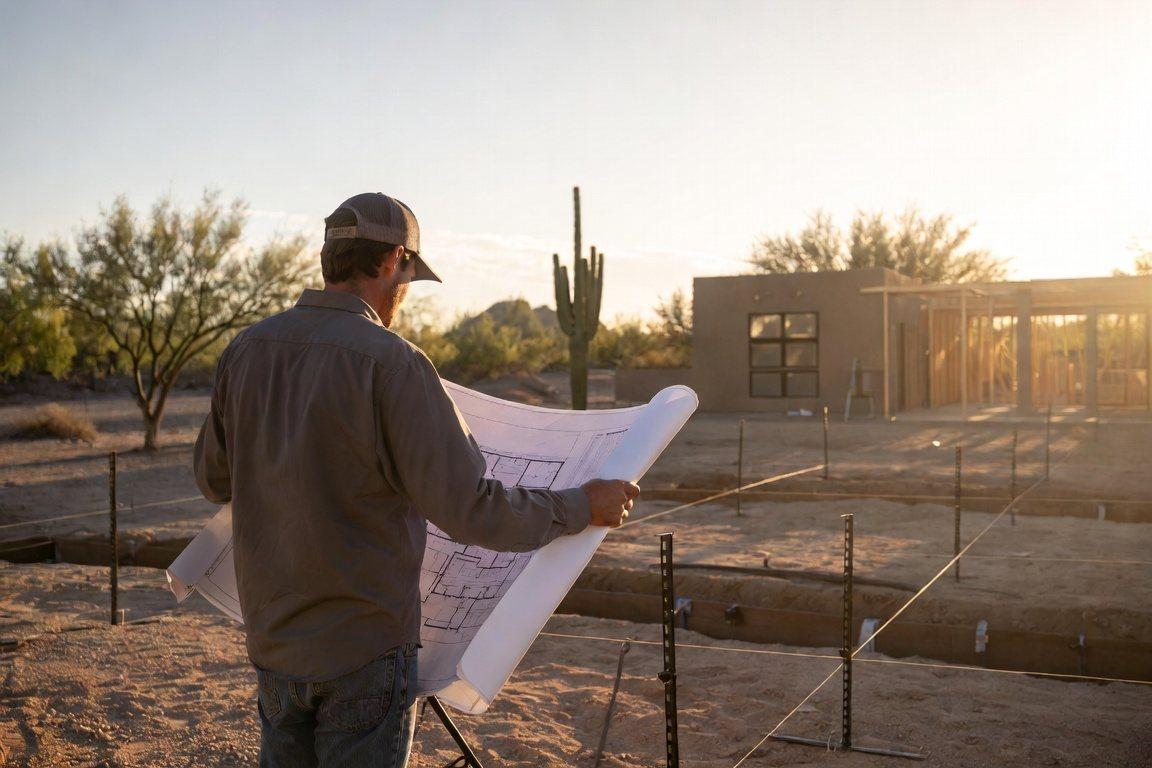 Contractor reviewing architectural plans on a staked desert jobsite with the framed home behind