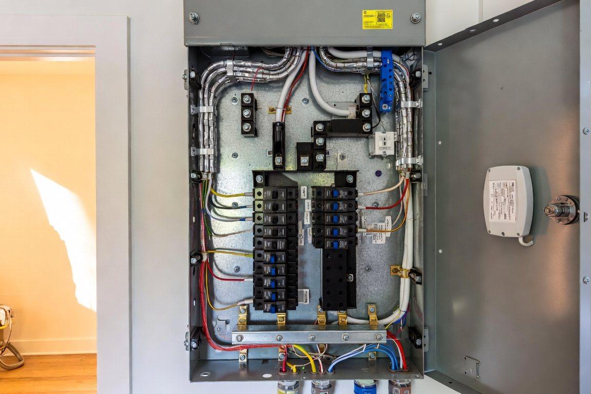 Neatly wired residential electrical panel with shielded cable and surge protection