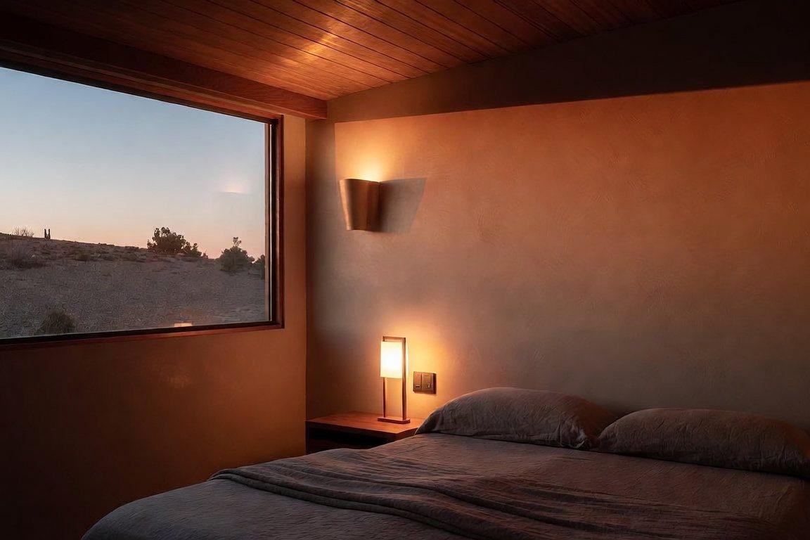 Desert-modern bedroom at dusk with warm, dimmed circadian-friendly lighting