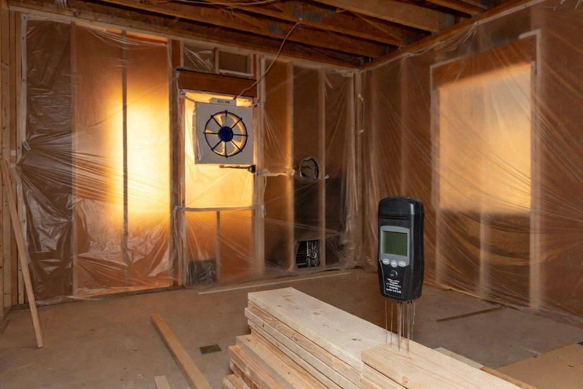 Dried-in healthy home under construction with a moisture meter, HEPA scrubber and covered materials