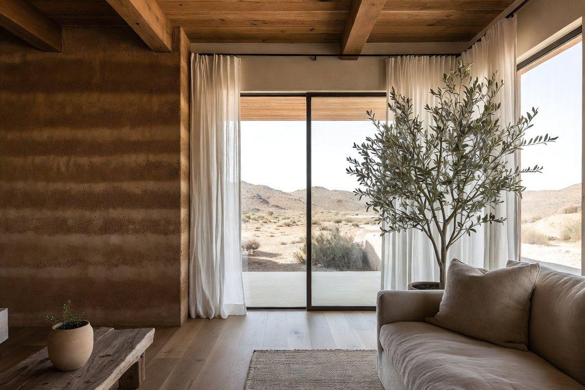 Biophilic living room with a rammed-earth wall, natural furnishings and desert views