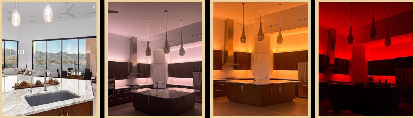 The same room lit in four tones from bright daylight to warm amber night lighting