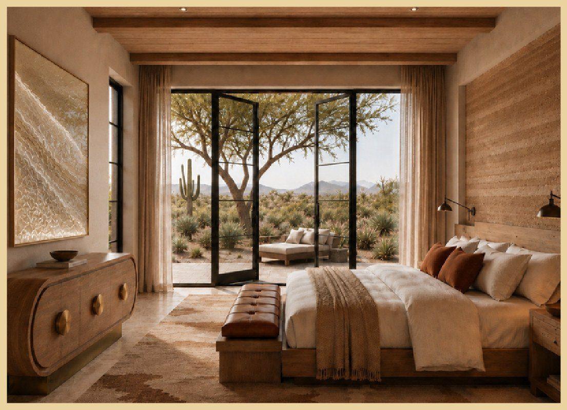 Bedroom opening to a desert view with natural textures