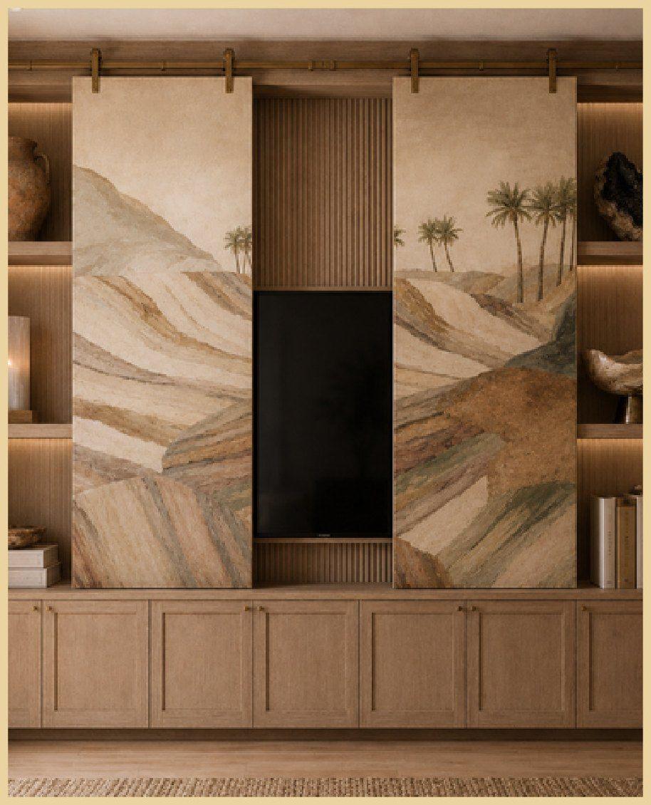 Built-in cabinetry with natural wood and stone