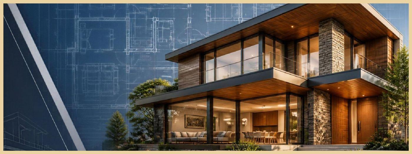 Modern two-story home with warm wood cladding and glass at dusk