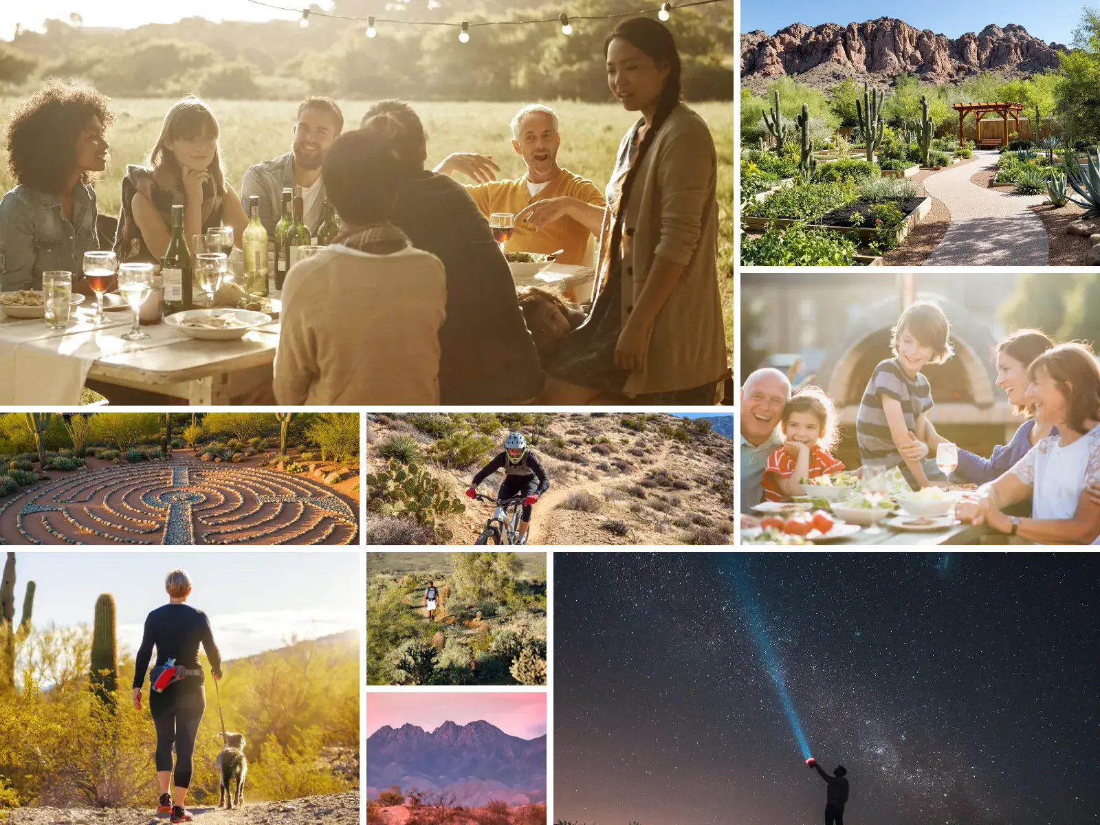 Life at ELEMENT by SENERGY360: shared meals under string lights, native gardens, a stone labyrinth, desert trails, and stargazing beneath dark skies