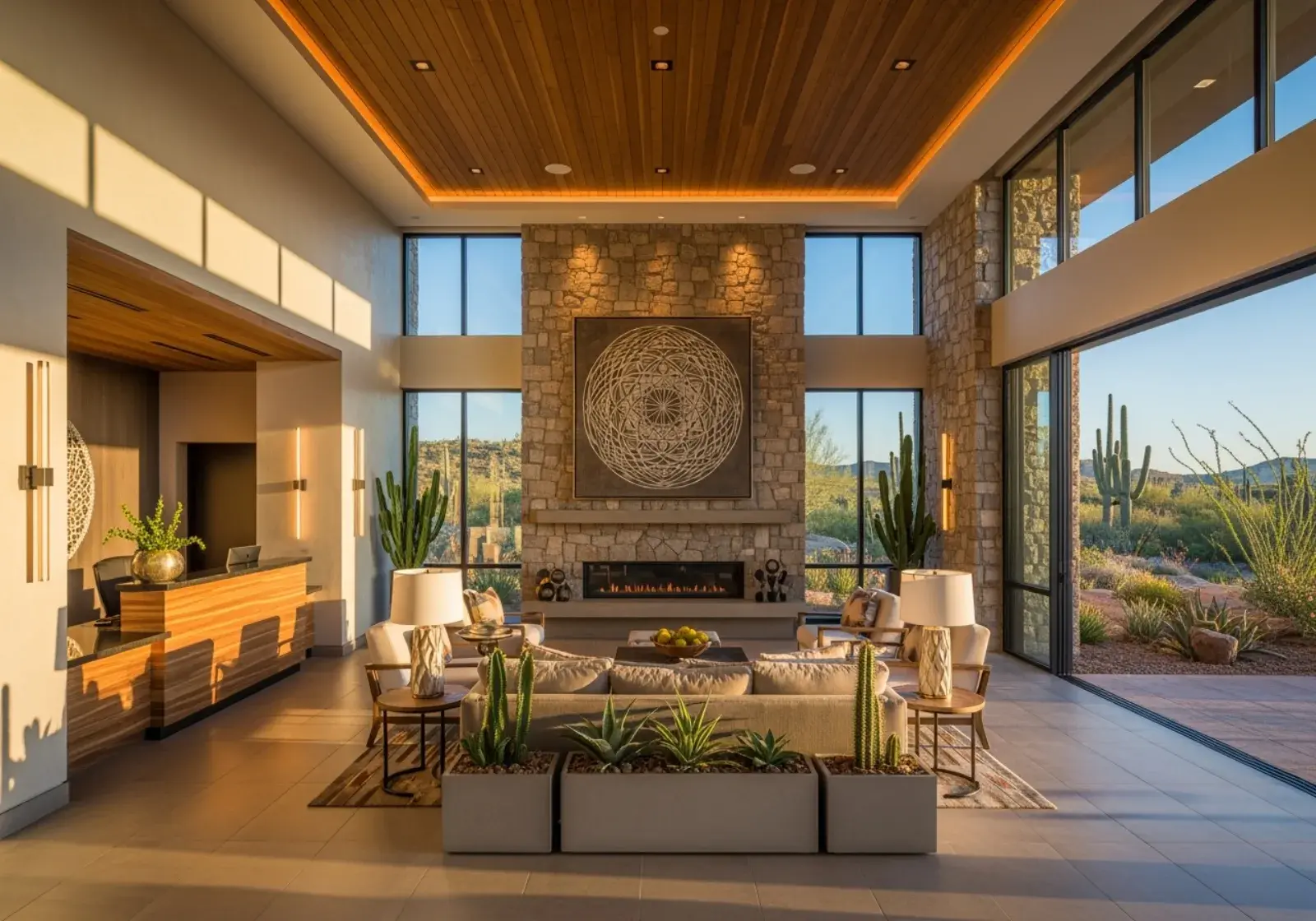 Conceptual rendering of the community gathering hall, with a stone fireplace and walls of glass opening to the desert
