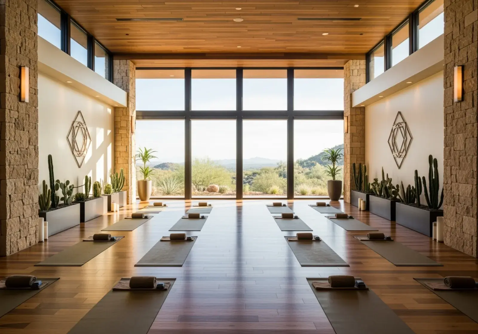 Conceptual rendering of a wellness studio in the Commons, set for a group yoga class with desert views