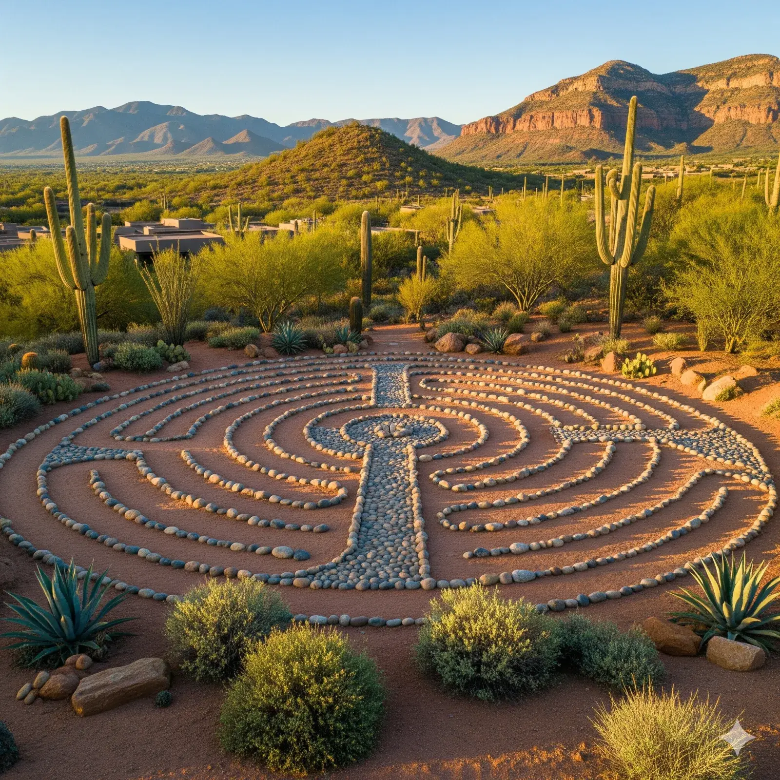 Conceptual rendering of a stone walking labyrinth set among saguaro and native plantings