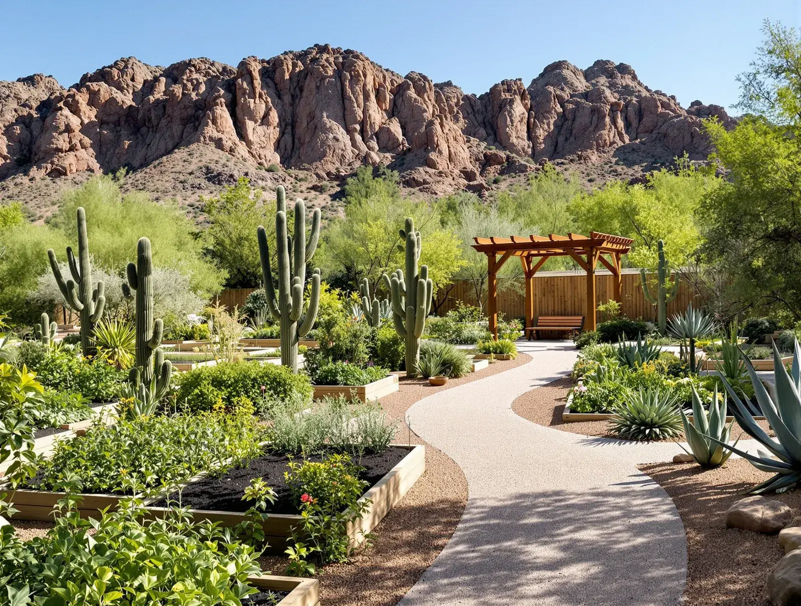 Conceptual rendering of the native gardens, with raised beds and a shaded pergola beneath the mountains