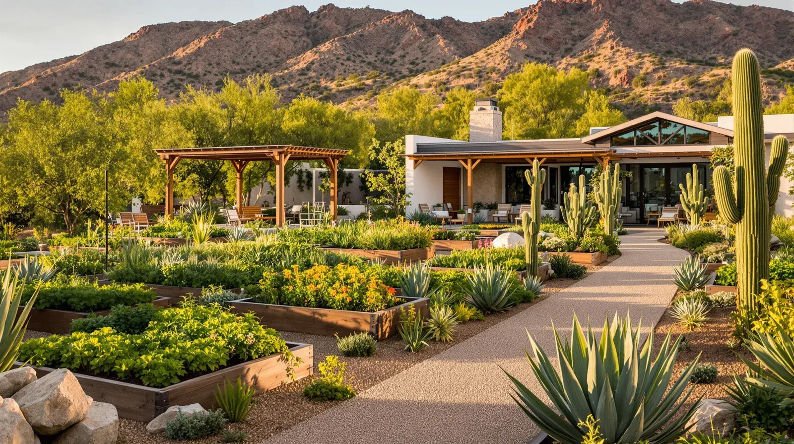 Conceptual rendering of the community gardens beside the gathering hall at golden hour
