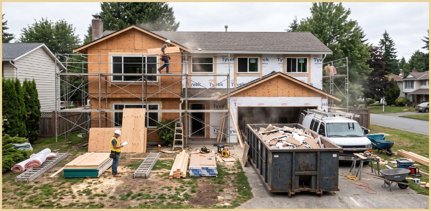 Two-story home mid-renovation with a dumpster and new framing