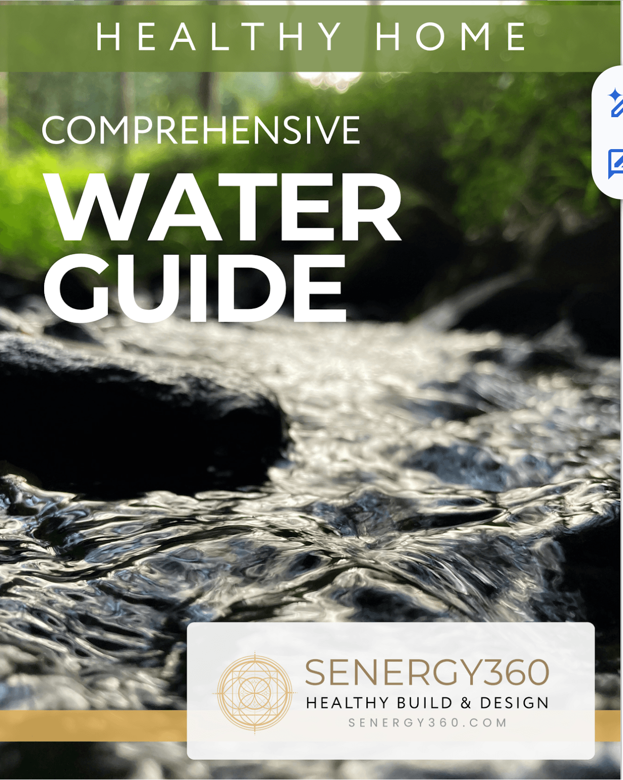 Cover of the SENERGY360 Comprehensive Water Guide showing a clear mountain stream