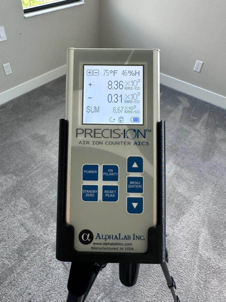 Precision-Ion AIC3 air ion counter reading 8.36 thousand positive and 0.31 thousand negative ions per cubic centimeter