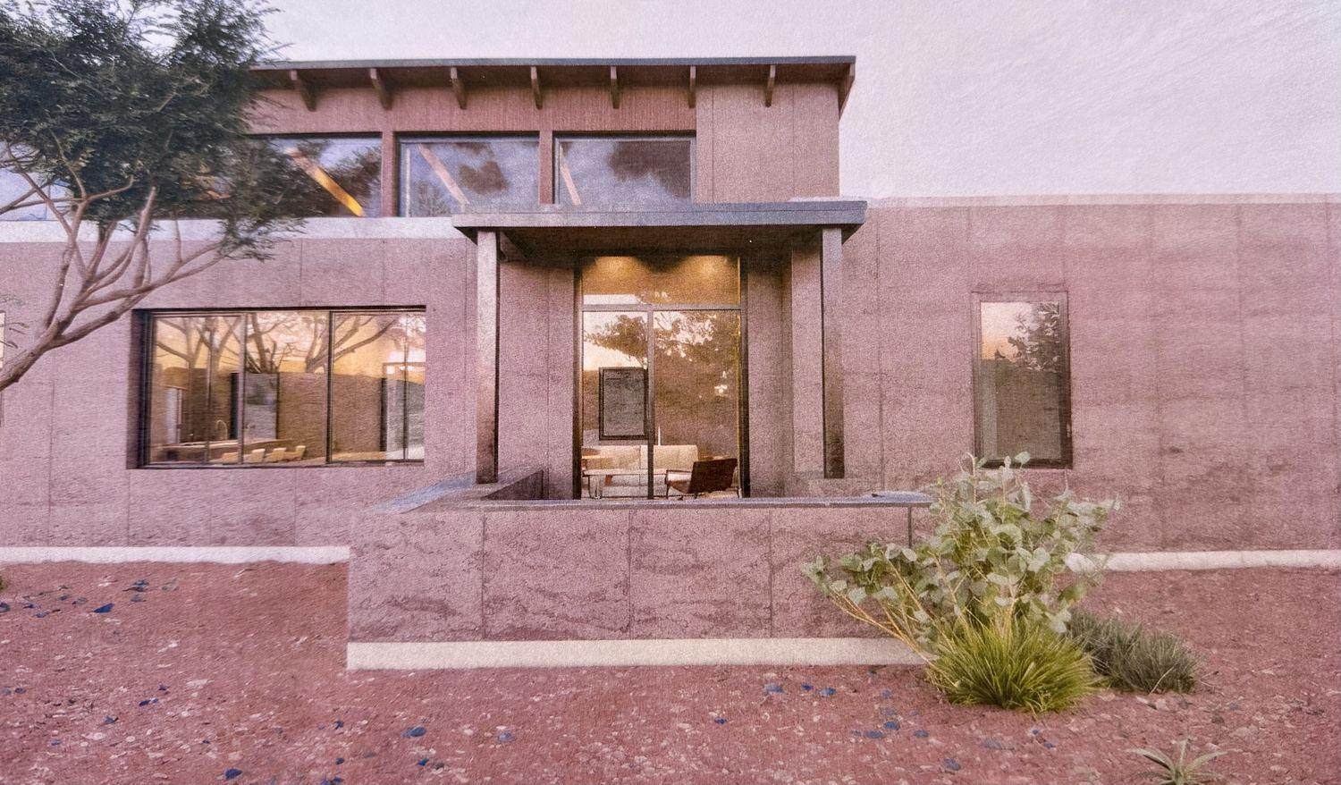 Rendering of the entry elevation with deep overhang and glazing