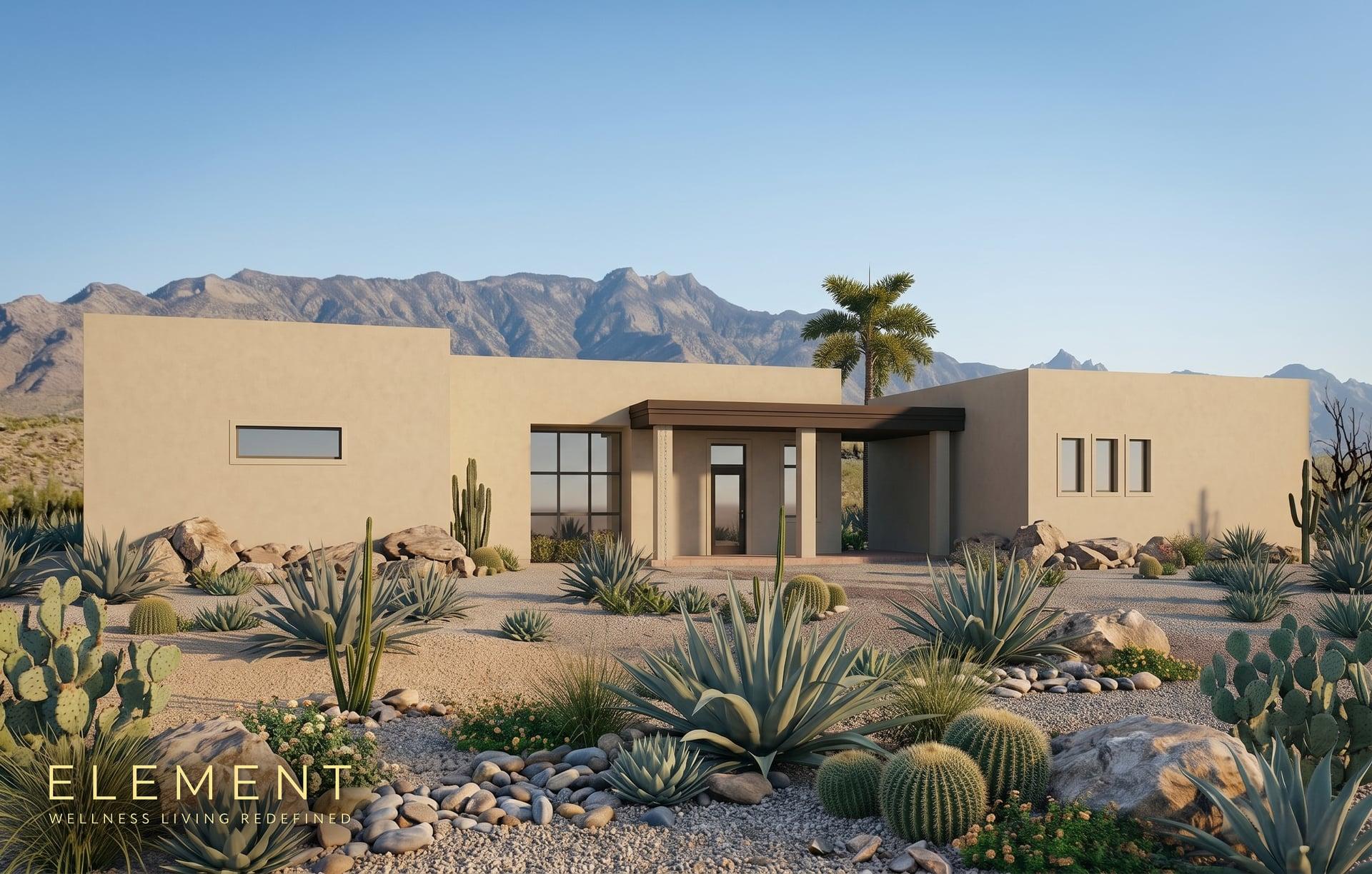 ELEMENT ONE 1,880 sf model, contemporary elevation with desert landscaping and mountain backdrop