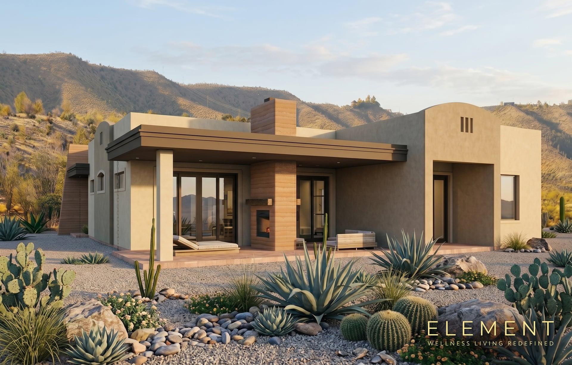 ELEMENT ONE Santa Fe elevation, rear covered patio with outdoor fireplace