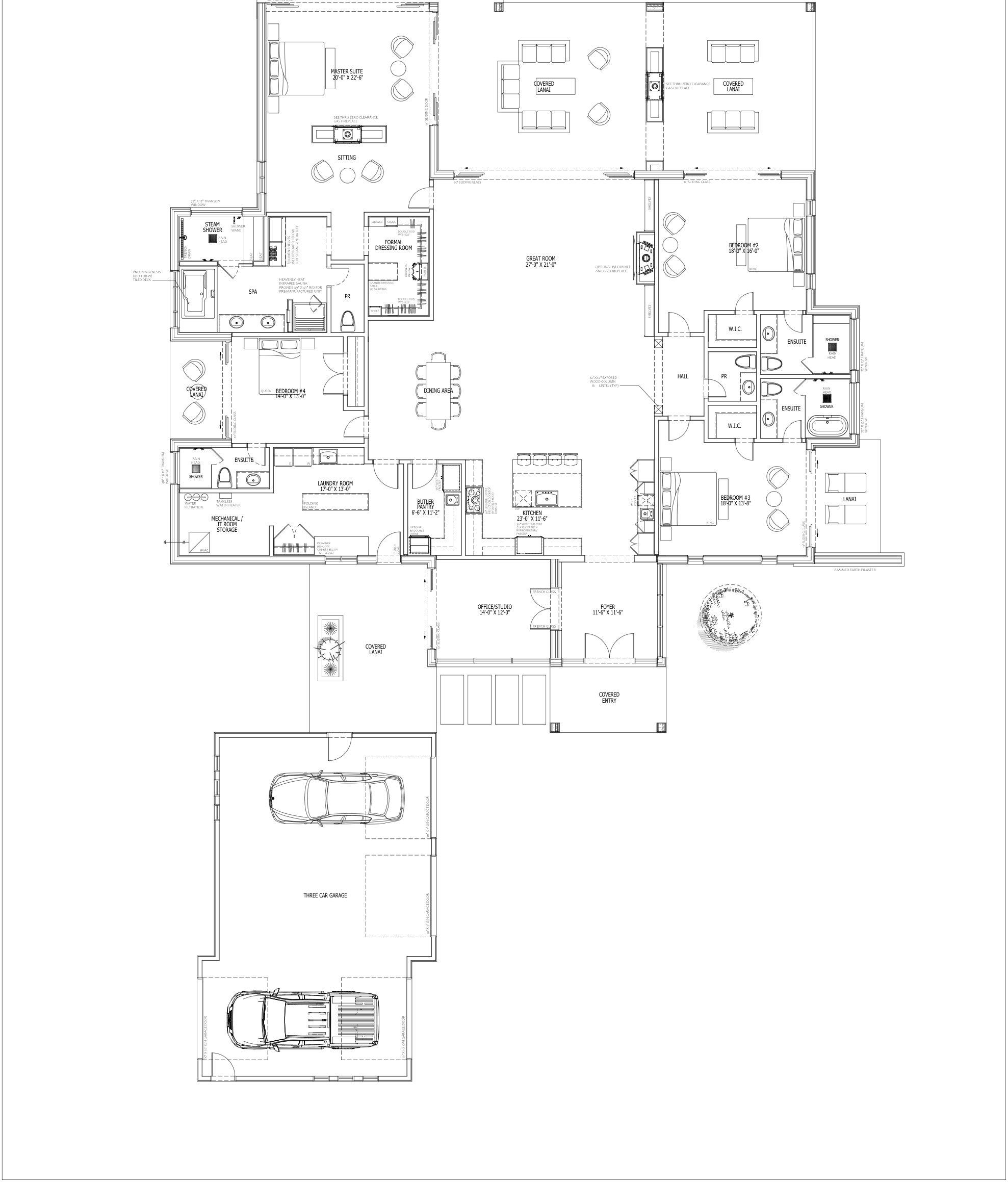 ELEMENT FOUR 4,546 sf floor plan: four ensuite bedrooms, master suite with sitting area and spa, office/studio, and three-car garage