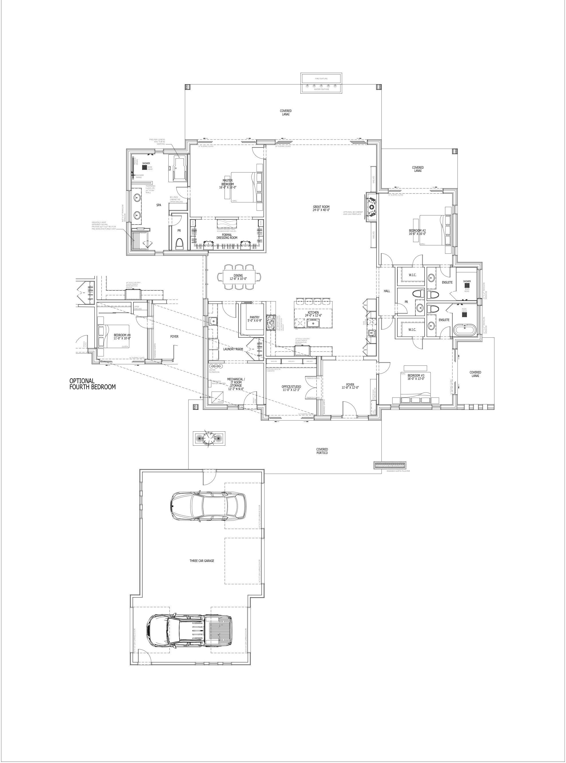 ELEMENT THREE 3,610 sf floor plan: great room, three ensuite bedrooms, office/studio, optional fourth bedroom, and three-car garage