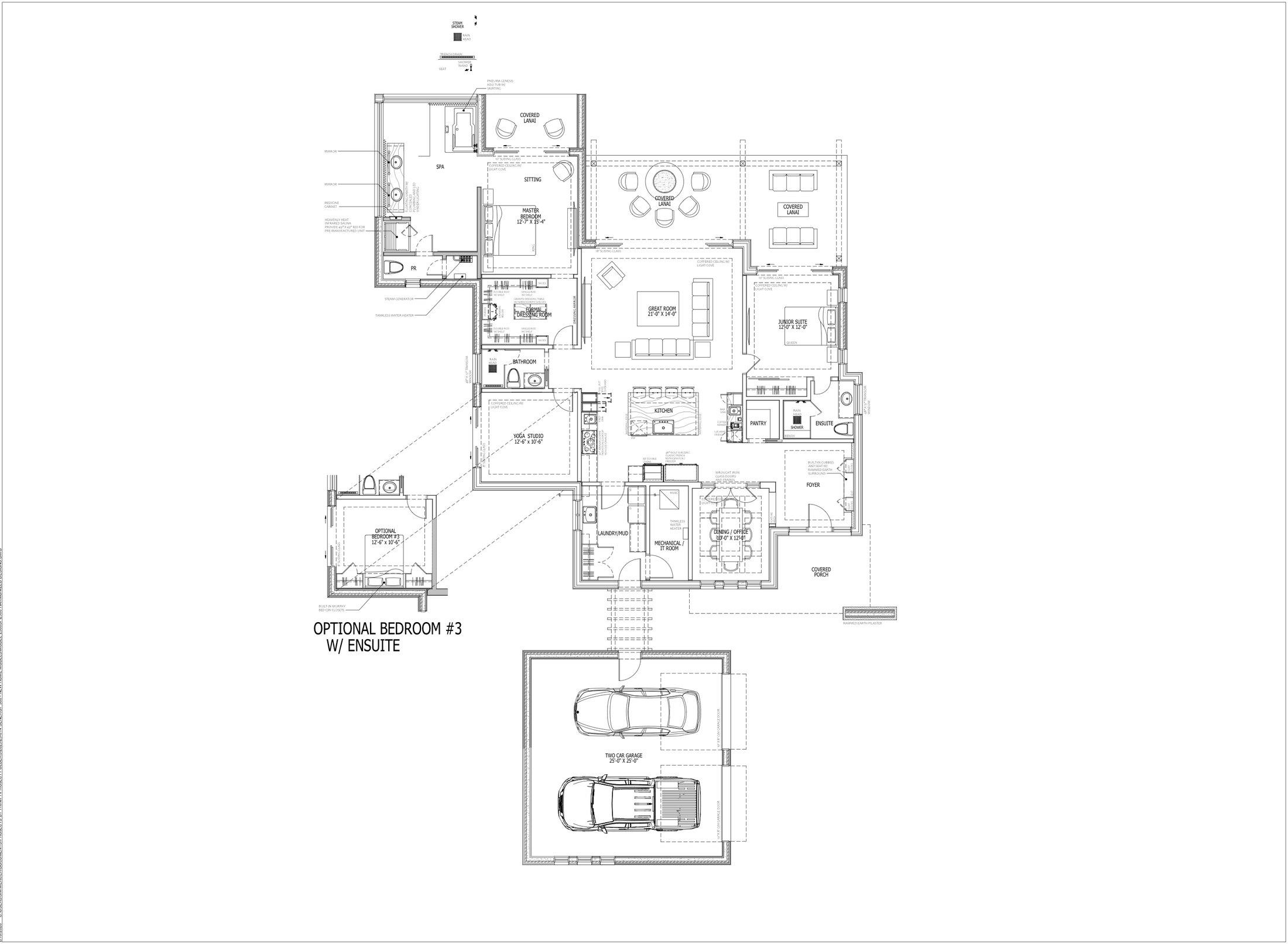 ELEMENT TWO 2,500 sf floor plan: master suite, junior suite, yoga studio, and optional third bedroom with ensuite