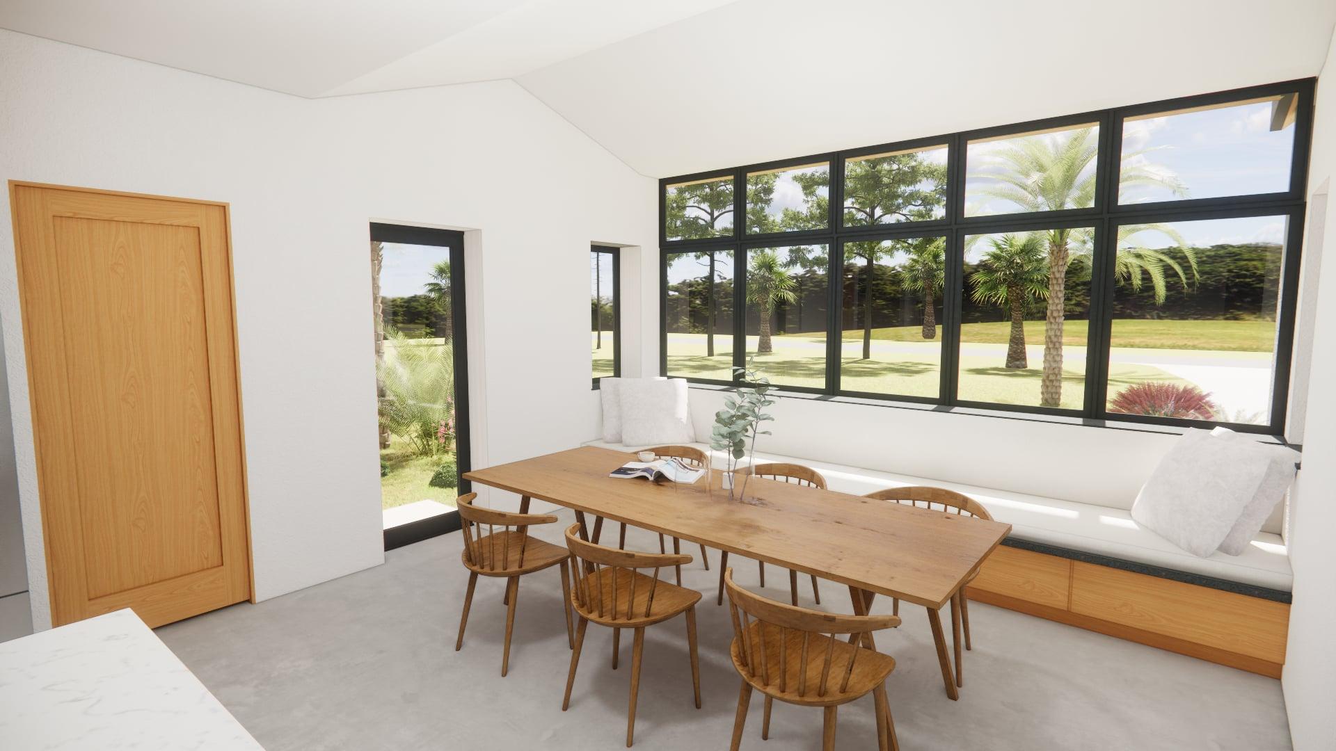 Dining room rendering with built-in window seat and clerestory windows