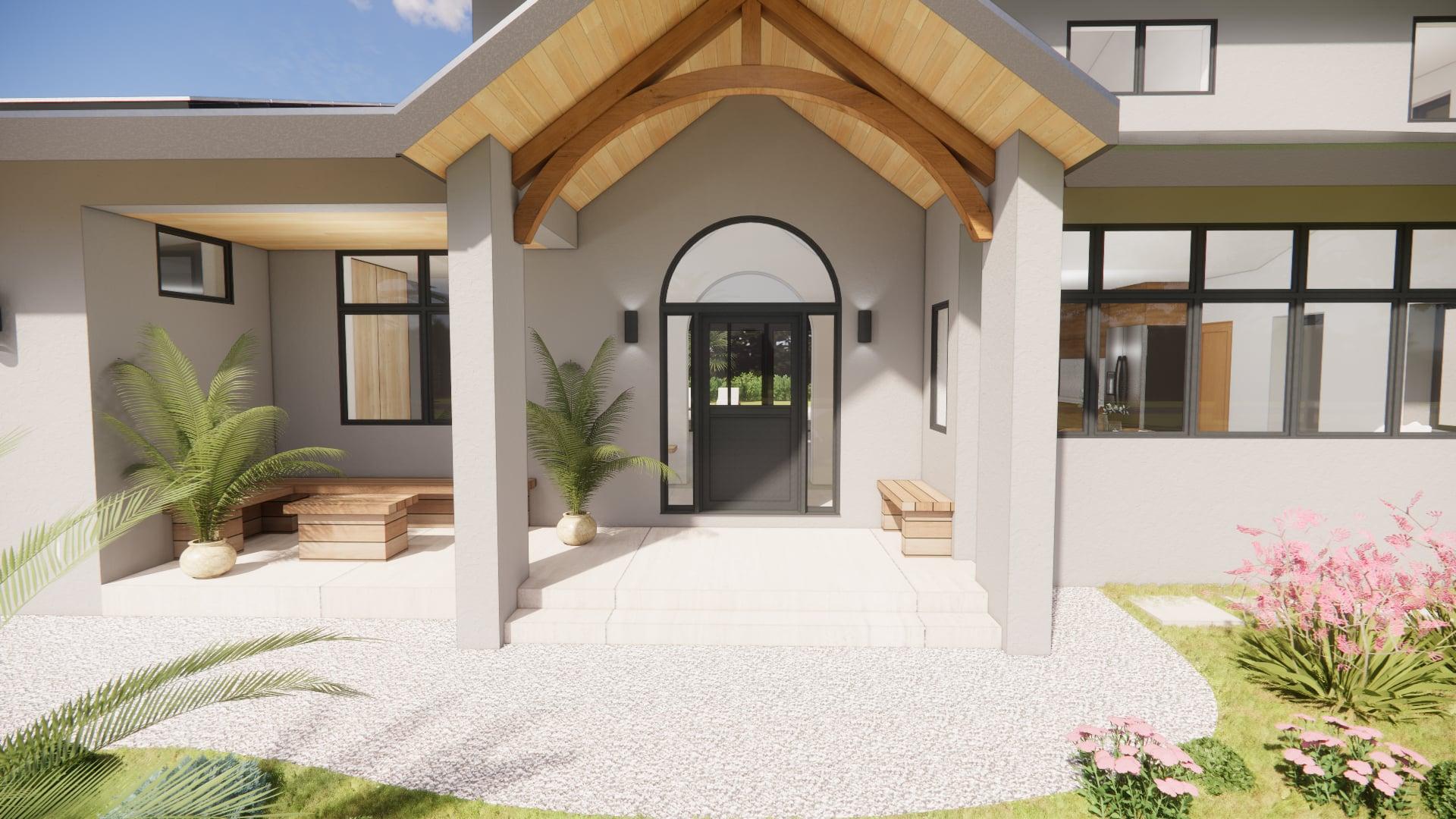 Entry rendering with timber-arched porch and arched glass door