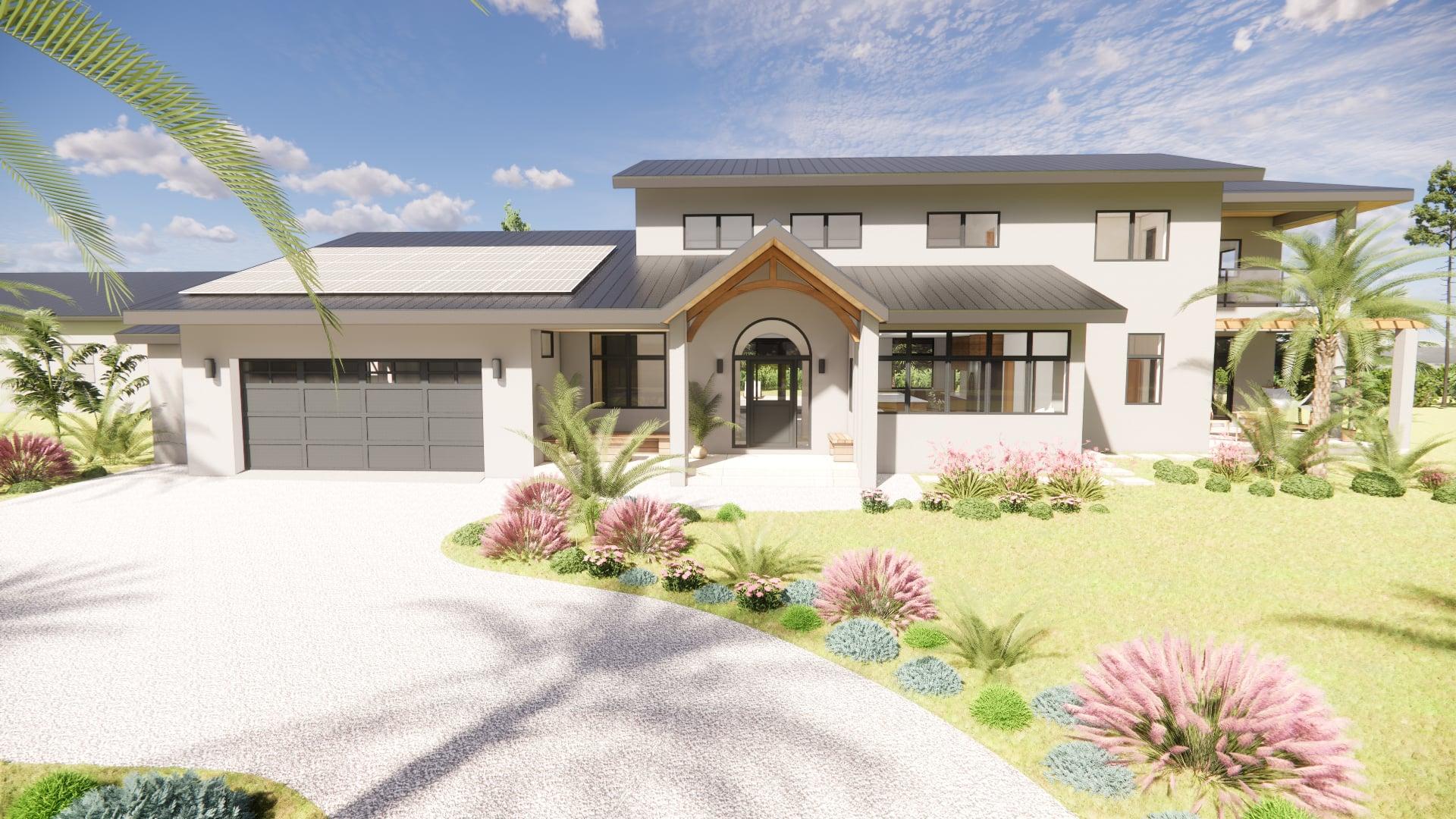 Jupiter, FL healthy home: preliminary rendering of the front exterior with gabled entry