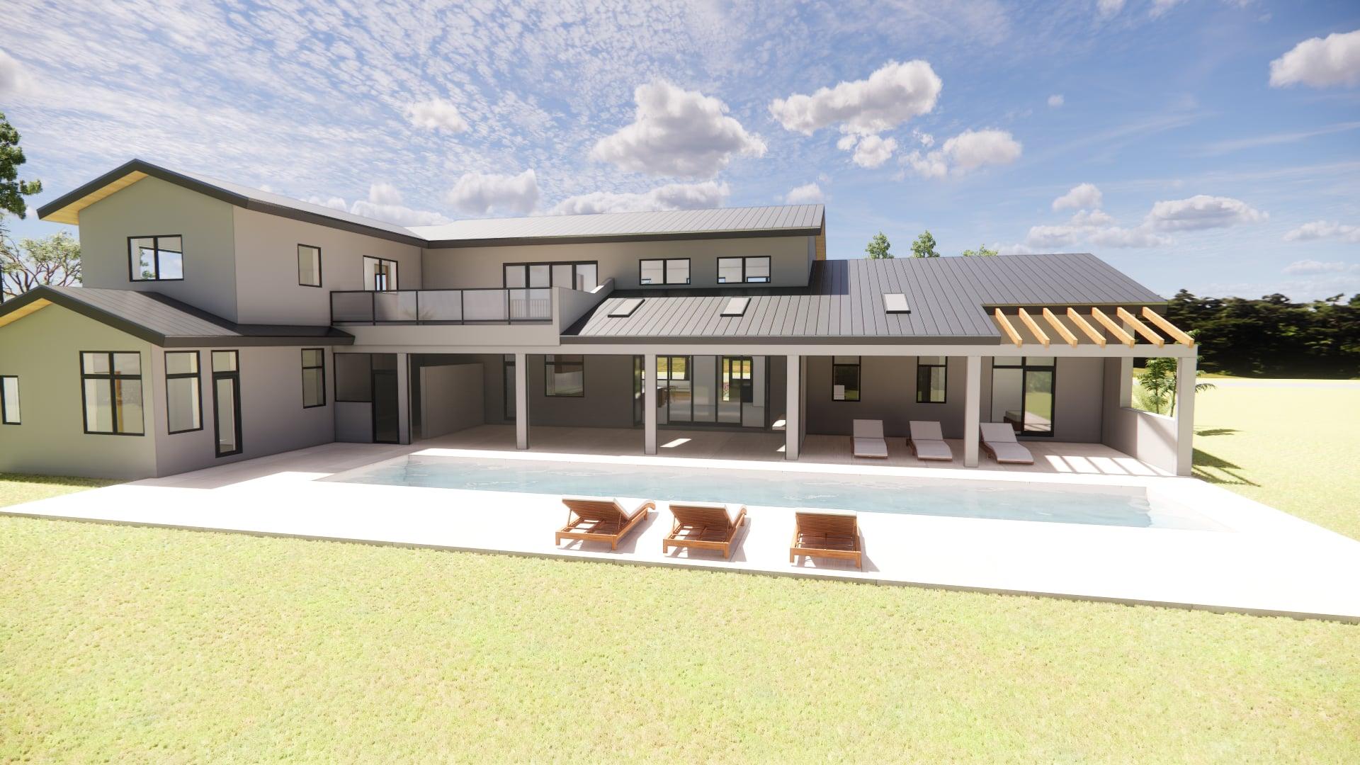 Rear exterior rendering with pool, covered patio, and upper balcony