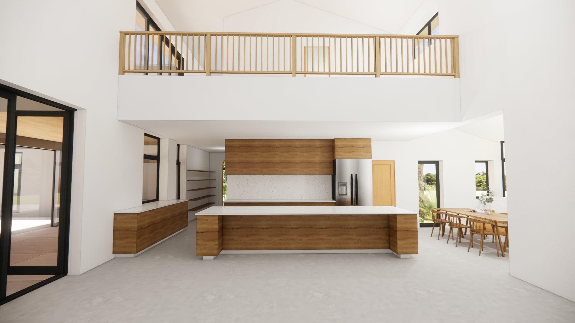 Double-height great room rendering with kitchen island and upper gallery