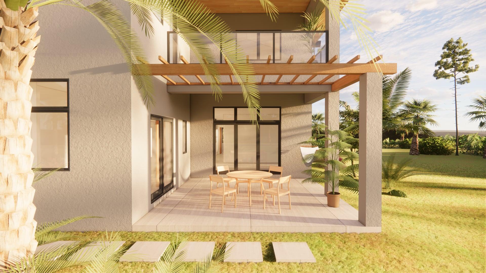 South patio rendering with pergola and outdoor dining
