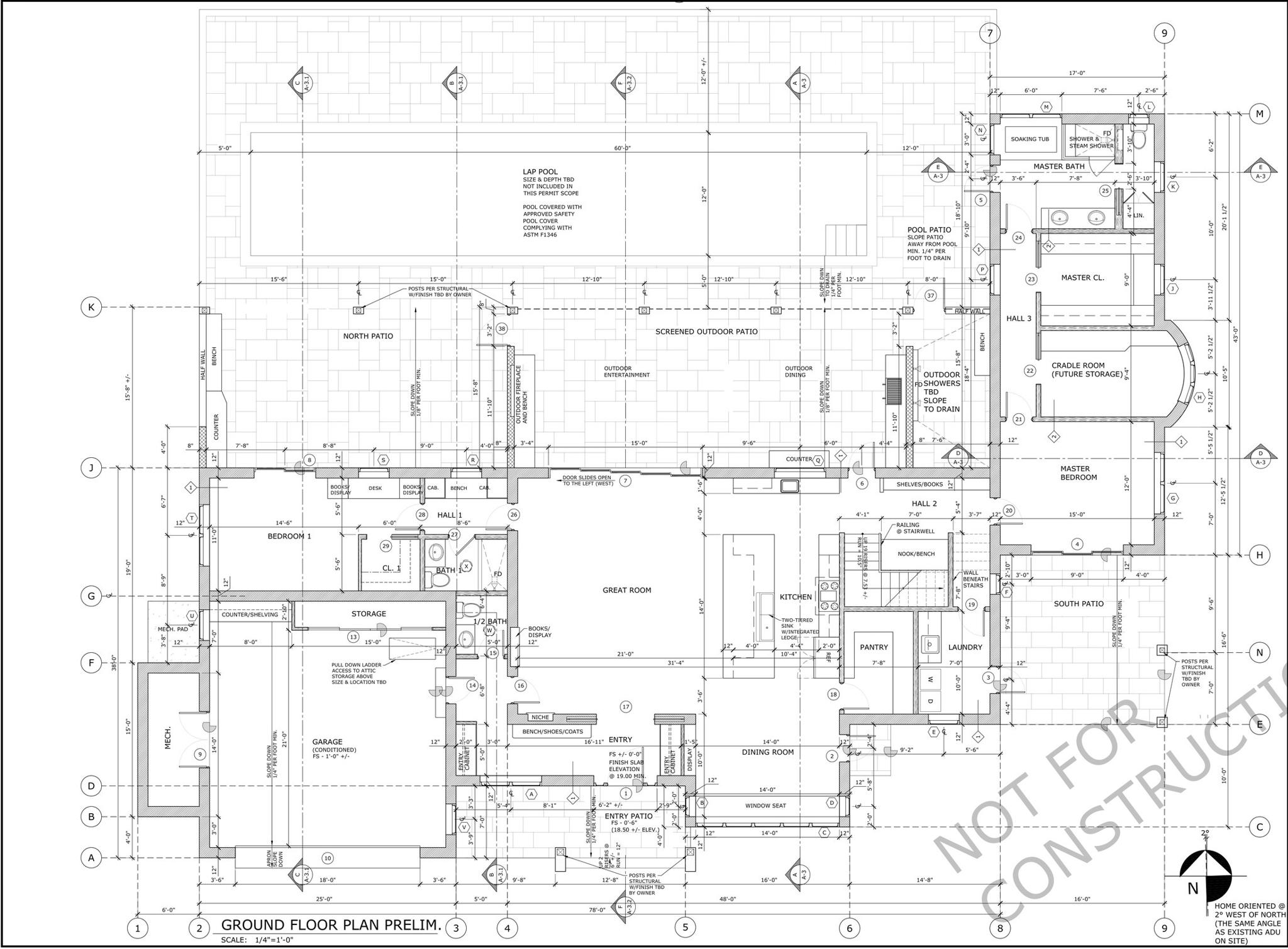 Jupiter Residence preliminary ground floor plan: great room, kitchen, master wing, garage, screened outdoor patio, and lap pool