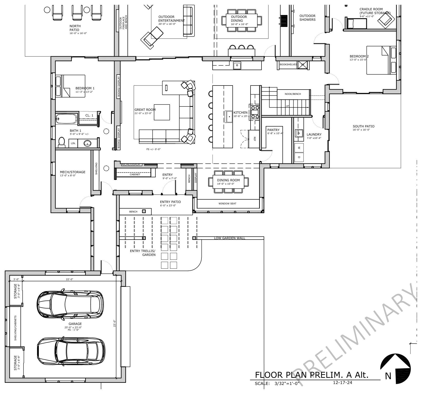 Jupiter Residence early concept floor plan, single-level scheme with detached garage