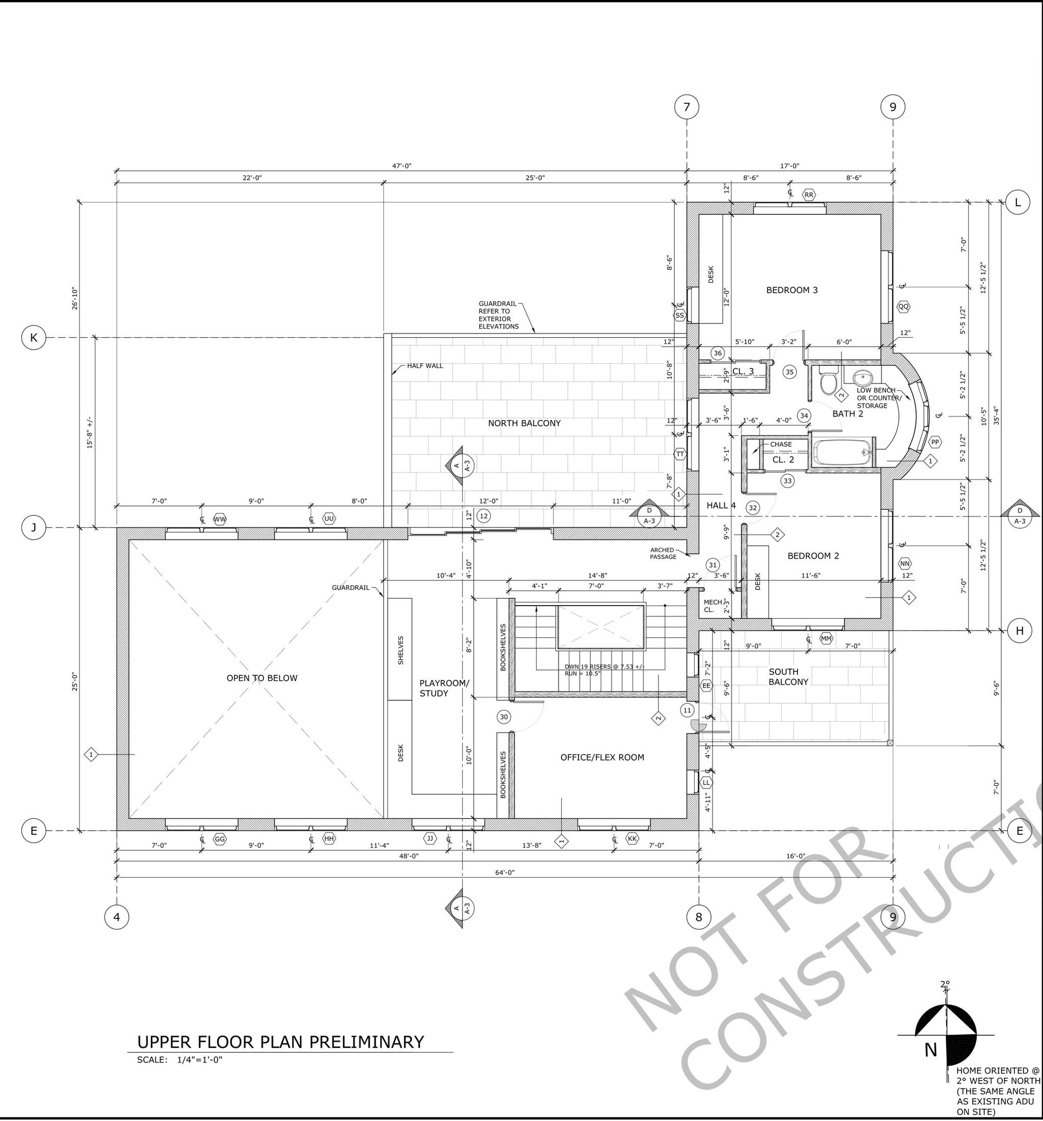 Jupiter Residence preliminary upper floor plan: office/flex room, playroom/study, two bedrooms, and north and south balconies