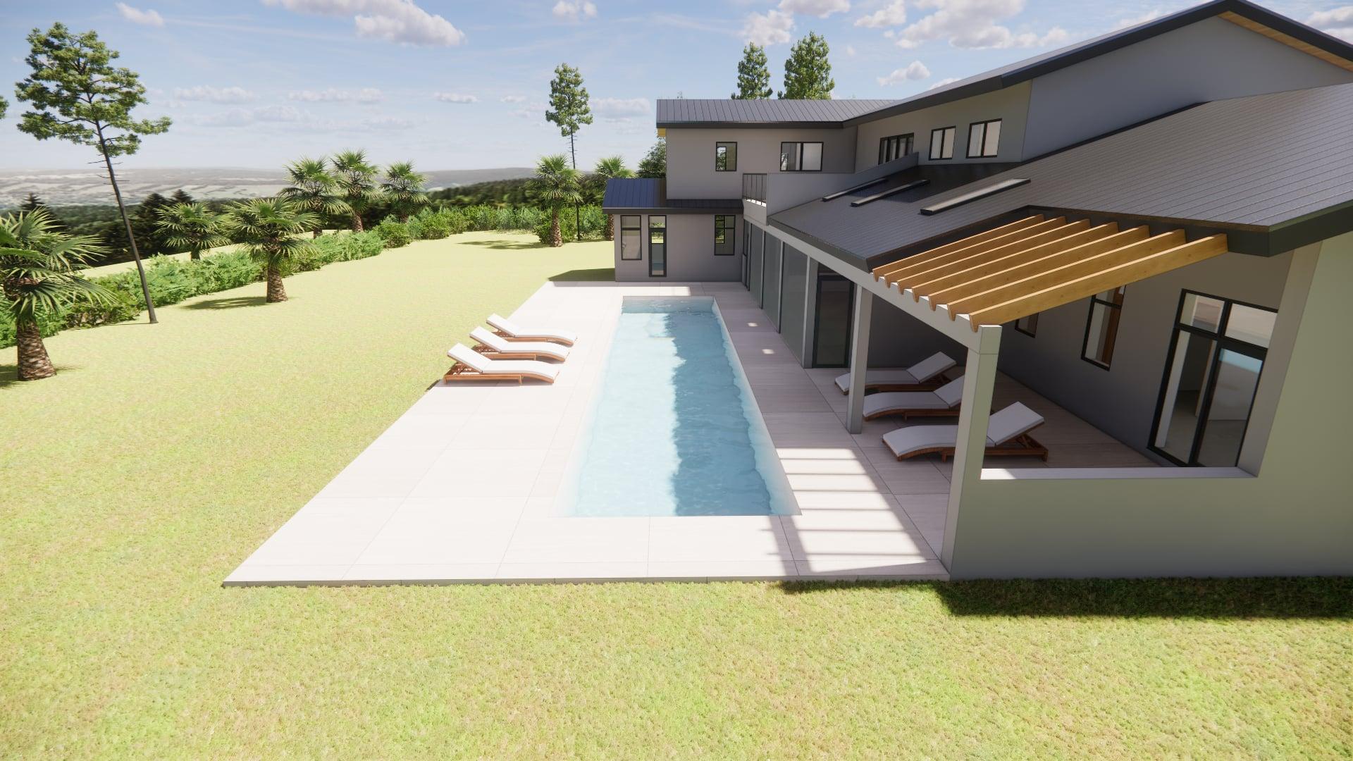 Pool patio rendering with loungers and pergola