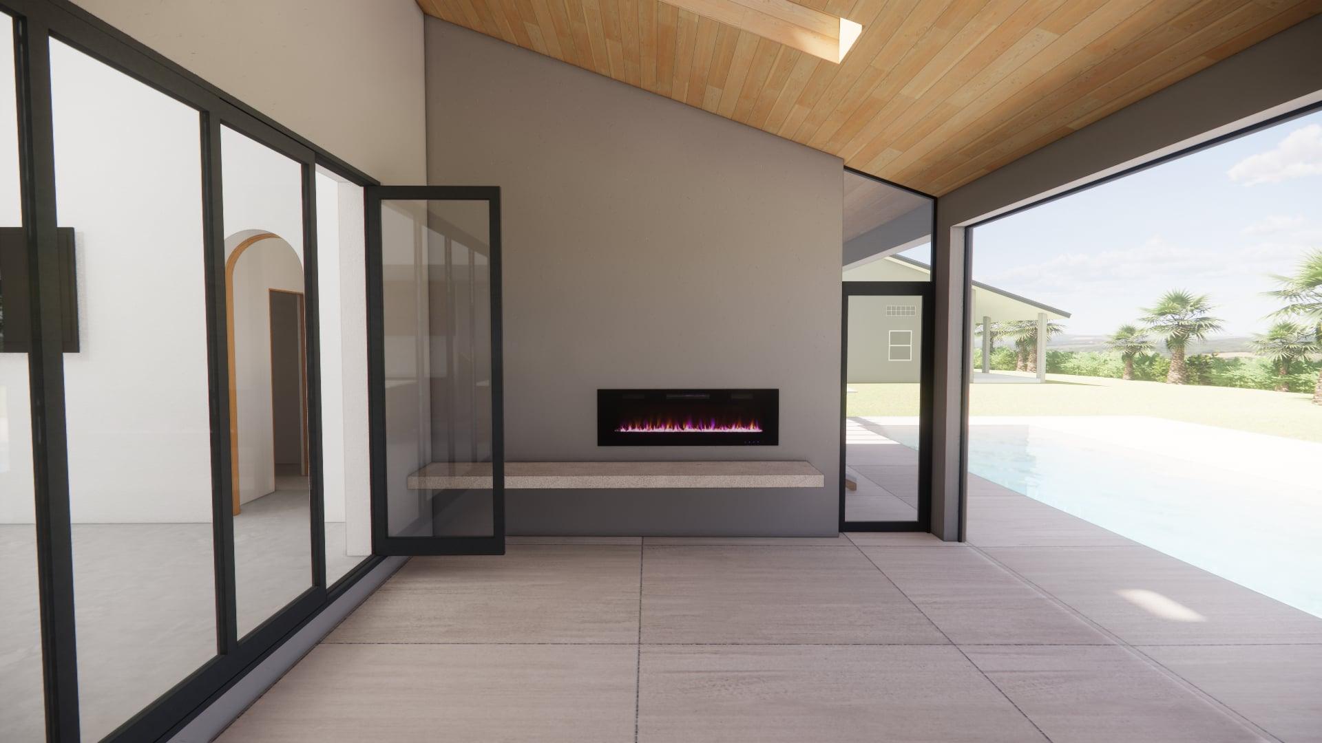 Screened-in patio rendering with linear fireplace and wood ceiling