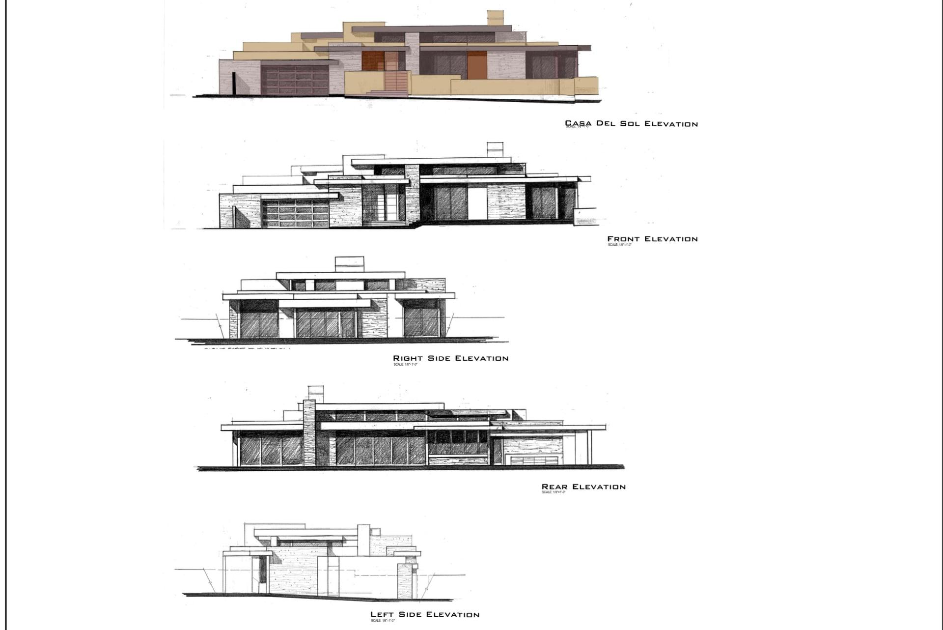 Sheet of five elevations: one colored elevation above front, right side, rear, and left side elevations