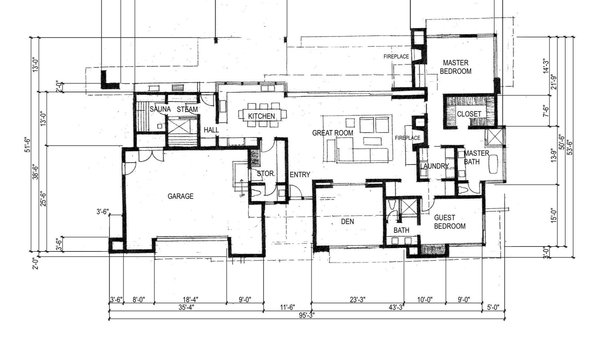 Floor plan showing garage, sauna and steam room, kitchen, great room, primary suite, den, and guest bedroom