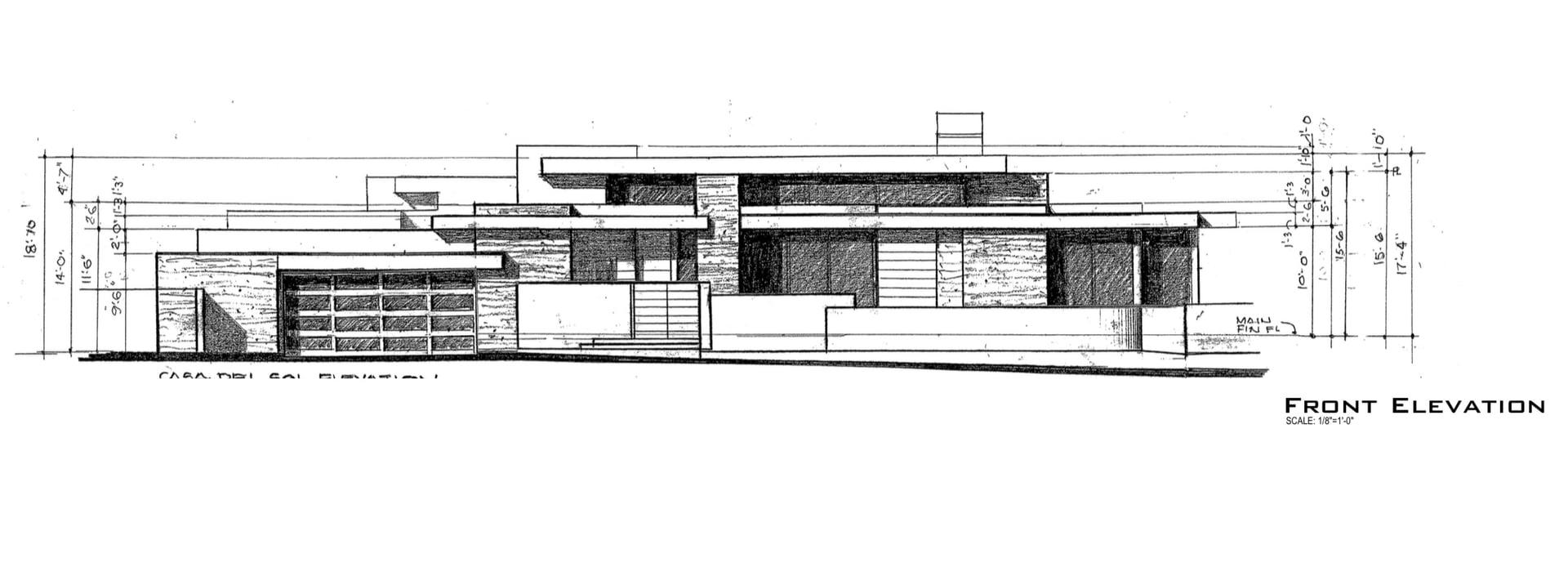 Dimensioned pencil front elevation with garage at left and glazed living wing at right