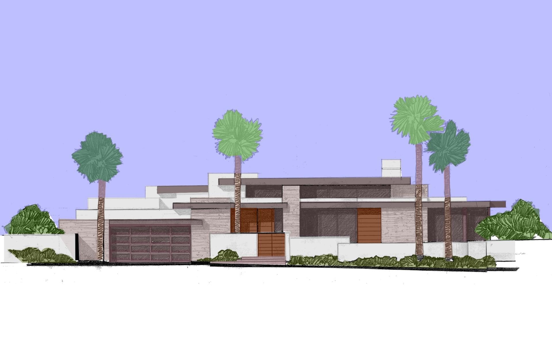 Palm Desert modern residence: colored elevation of the front facade with garage, entry, and glazed living wing