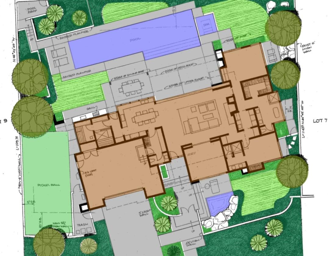 Colored site plan showing the house, pool and spa, raised planters, dining terrace, and pickleball court