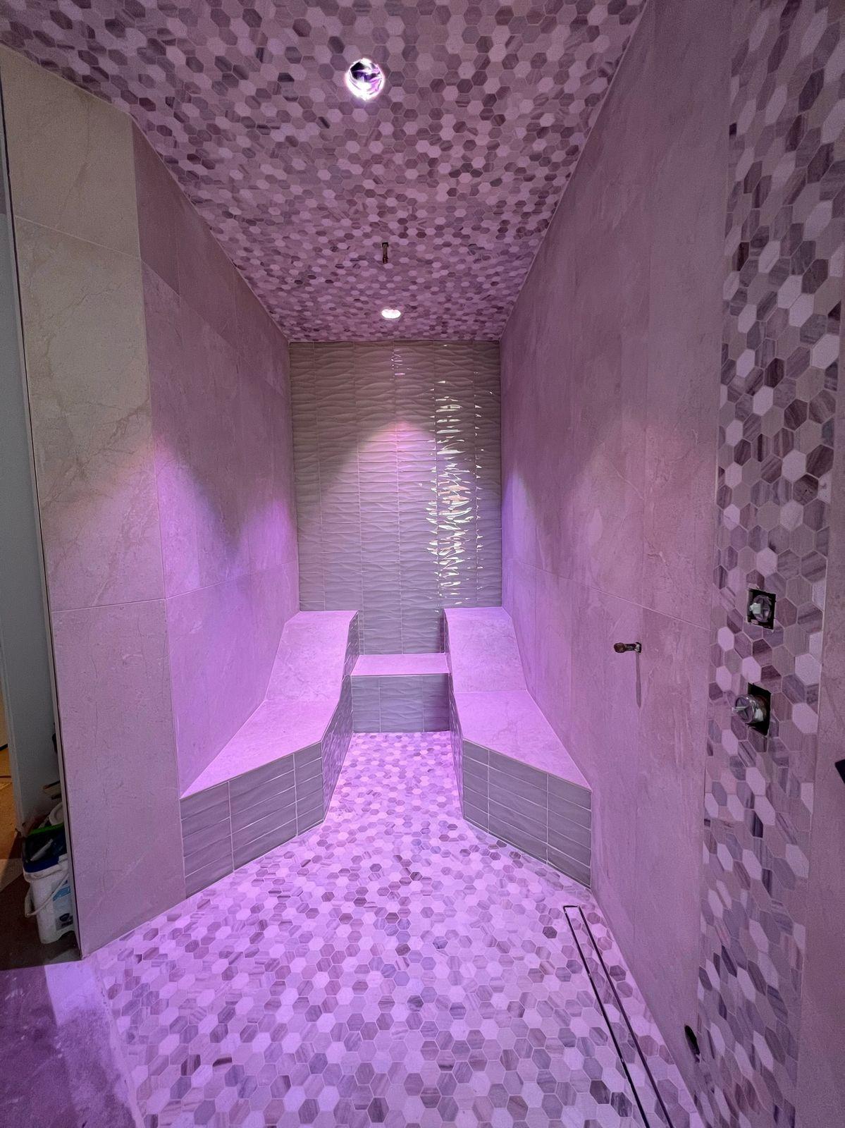 Steam room lit in violet