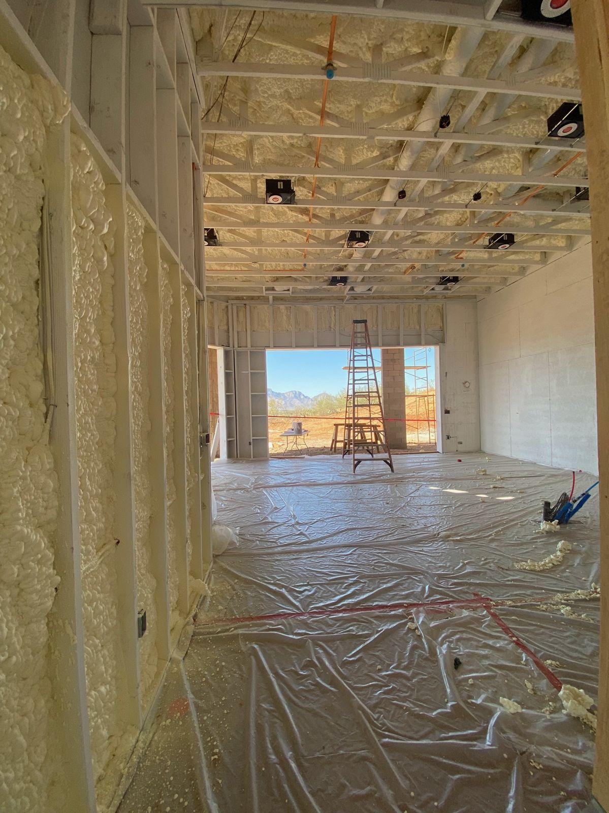 Insulation installed at the walls and ceiling