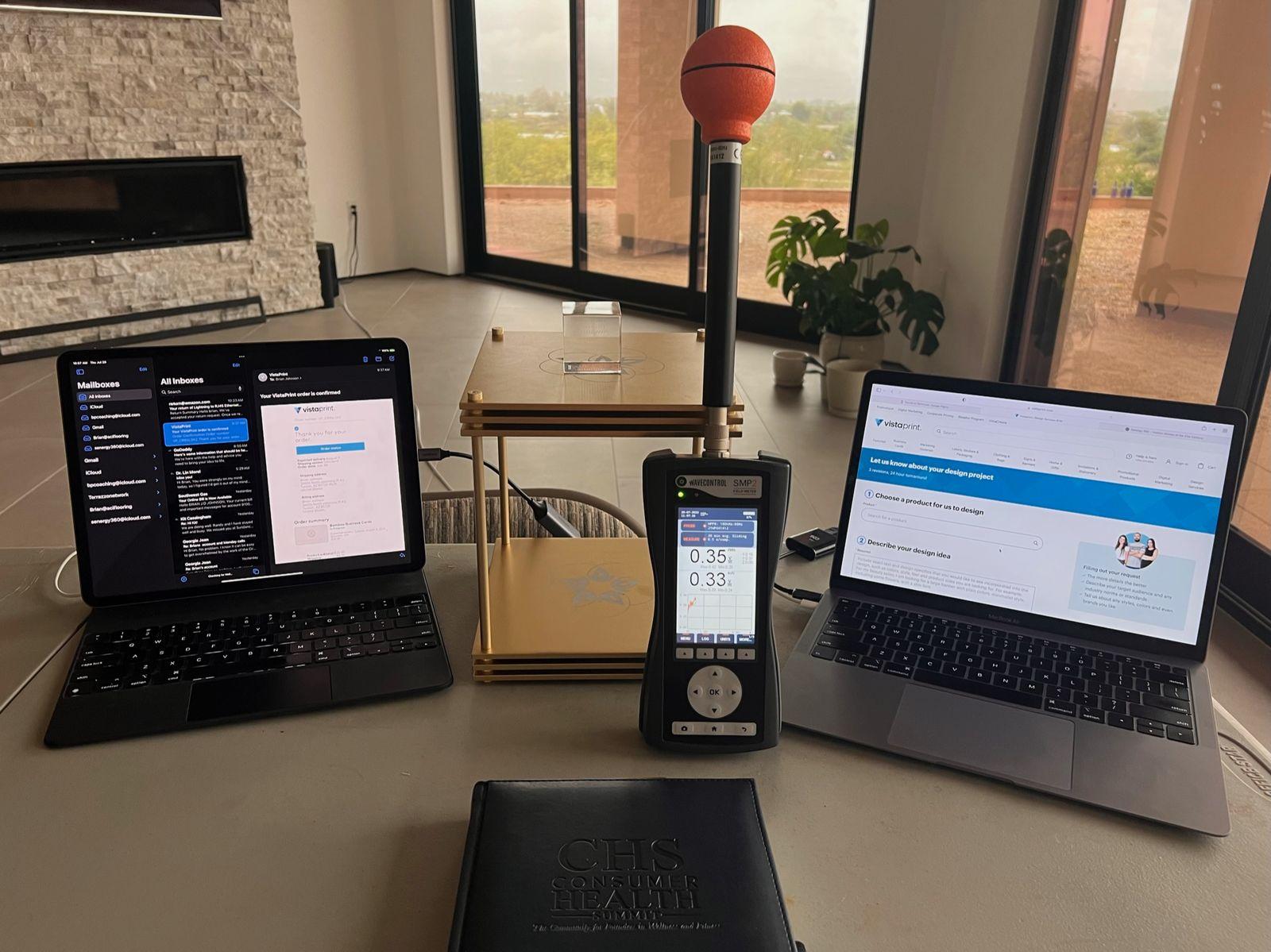 Laptops and meters set up for testing