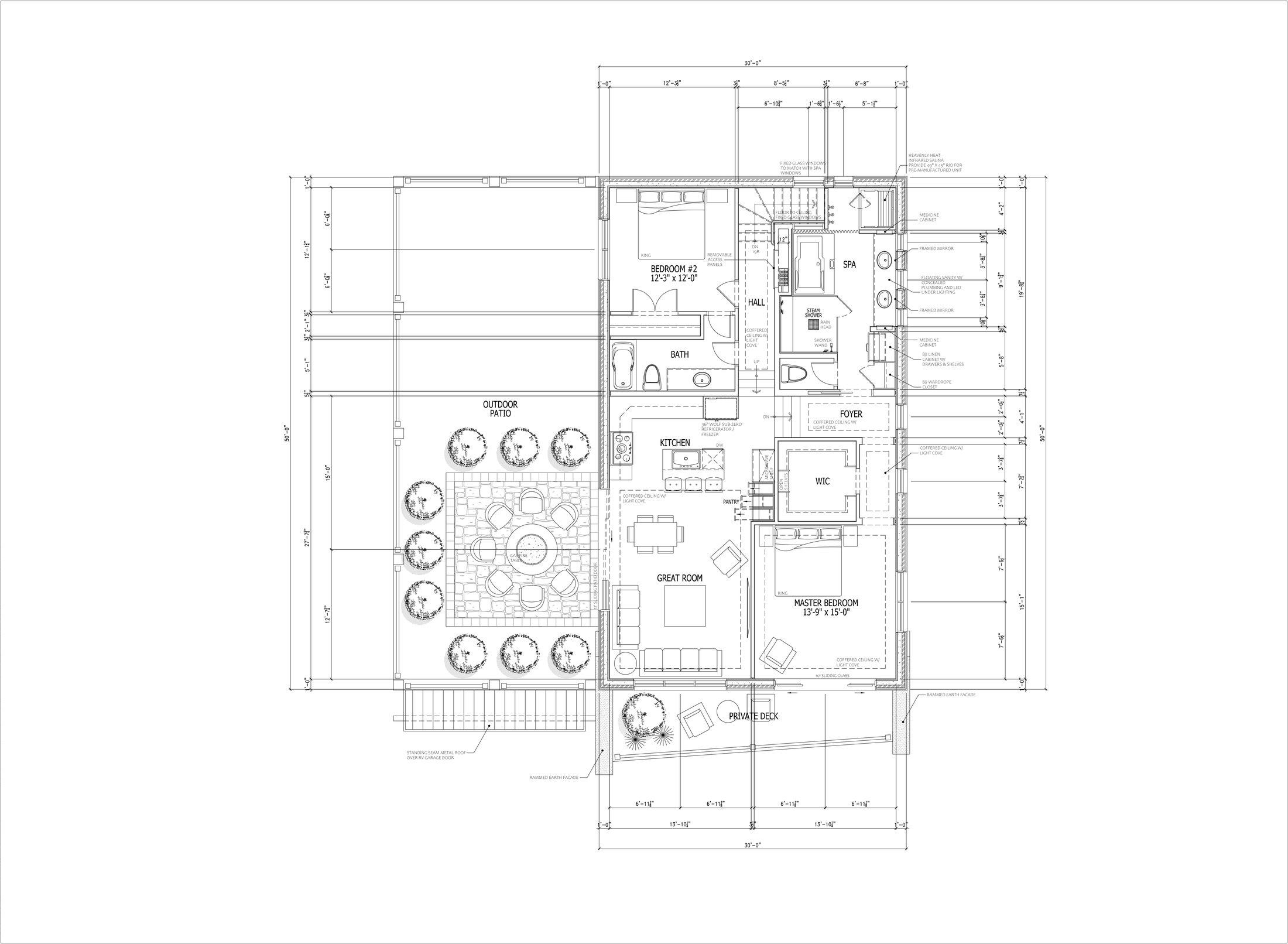 ADU floor plan: master suite with spa, second bedroom, kitchen, and great room